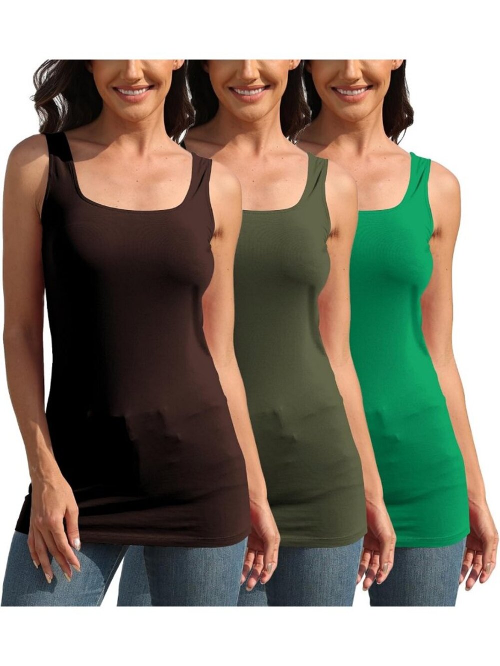 Square Neck Long Tank Tops for Women - Basic Sleeveless Layering Tunic 3-Pack